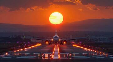 Plane landing at the airport with passengers and tourists returning from vacation photo