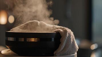 A persons face wrapped in a towel with the steam from a facial steamer seeping through to create a saunalike experience photo