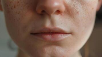 A before and after picture showing the difference in a persons skin after using a facial steamer to open up their pores and unclog them photo