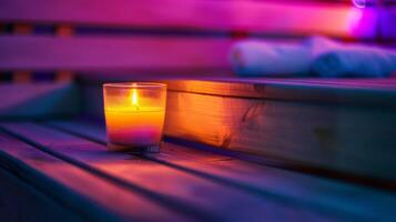The light from a small flickering candle enhances the ambiance of the sauna and adds a touch of warmth to the space photo