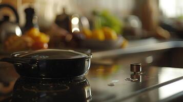 A digital timer counting down on an induction cooktop ready to alert when the dish is finished cooking photo