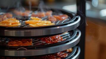 The dehydrators powerful fan circulates warm air evenly throughout the trays for even drying photo
