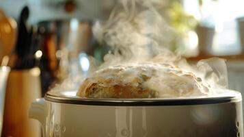 el aroma de recién horneado un pan flotando fuera de el respiradero en el parte superior de el un pan fabricante foto