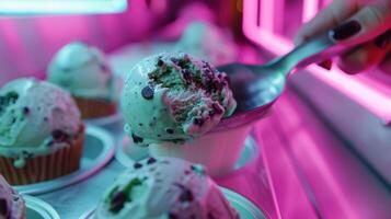 A s scooping out a scoop of mint chocolate chip ice cream straight from the maker photo