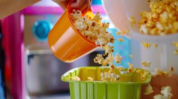 A hand holding a colorful bowl underneath the machine collecting the freshly popped popcorn that overflows from the chute photo