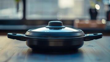A side profile of the electric skillet displaying its compact size and convenient handles for easy transportation photo