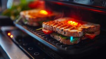 A closeup of the indicator light on the sandwich maker signifying that the machine is preheated and ready to use photo
