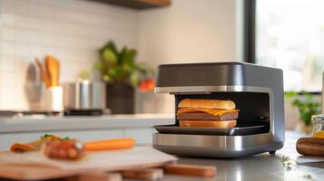 A side view of a sandwich maker showcasing the sleek and compact design perfect for small kitchens or dorm rooms photo