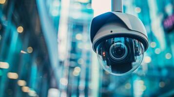 A detailed view of a security camera mounted on a swivel able to rotate and follow any movement within its designated area photo