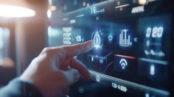 A finger hovering over the smart button on a digital thermostat indicating advanced features and capabilities photo