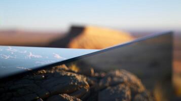 A detailed shot of the frames thin borderless design emphasizing the crystalclear display of a landscape photo