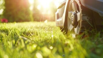 The quiet and efficient movement of the robotic lawn mower as it glides across the gr leaving behind a perfectly trimmed path photo