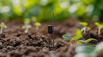 The sensor is attached to a long thin stake for easy insertion into the ground photo