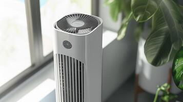 The sharp angle of the tower fans slim design showcasing its ability to fit in tight spaces while still providing cool airflow photo