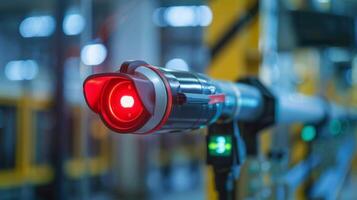 A closer look at the barcode scanner with a red light indicating it is ready to scan photo