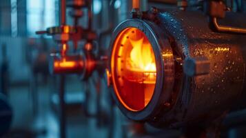 A closeup of a boiler glowing red hot as it heats water to send through the system photo