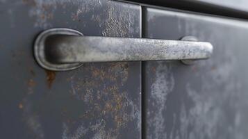 A closeup of the handle worn with use and speckled with fingerprints a testament to the frequent opening and closing of the fridge photo