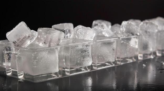 A row of ice cube trays each one filled with perfectly formed cubes and ready for use photo