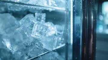 A frostcovered ice maker with the frozen cubes inside just waiting to be used photo
