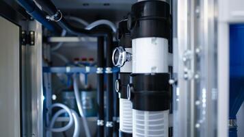 A closeup of the filtration system inside the cooler with various tubes and filters visible photo