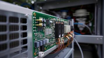 A closeup of the electronic control board responsible for regulating the heat pumps functions and settings photo