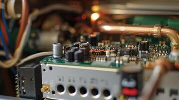 A detailed image of the thermostats circuit board which controls the temperature and communicates with the heating or cooling system photo