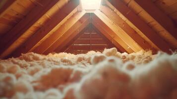 Peering through the opening one can see insulation and rafters lining the attic photo