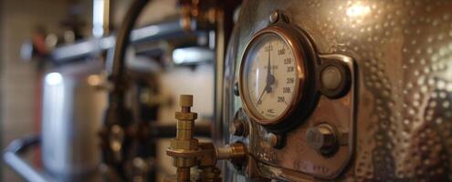 A thermometer is attached to the front of the boiler displaying the current temperature of the water inside photo