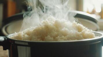 A rice cookers lid being lifted to reveal perfectly cooked rice with a fluffy texture ready to be served photo