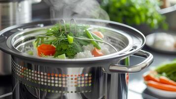 A steam basket filled with vegetables on top of the inner pot of a rice cooker cooking while rice simmers below photo