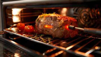 A temperature probe inserted into a meat dish inside the convection oven ensuring it is cooked to perfection photo