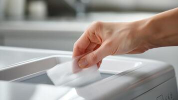 A hand inserting a scented fabric softener sheet into the designated compartment of the machine photo