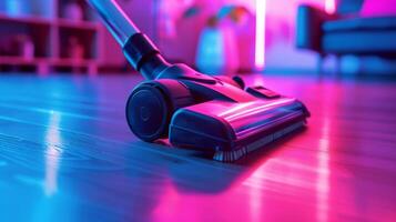 A nozzle attachment stretches out from the vacuum cleaners base equipped with a rotating brush that reaches deep into tight corners and along baseboards photo