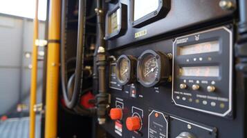 A closeup of the control panel shows various gauges indicating voltage temperature and other important readings for monitoring the generators performance photo