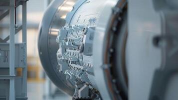 An upclose shot of the turbines nacelle giving a glimpse inside at the complex machinery at work photo