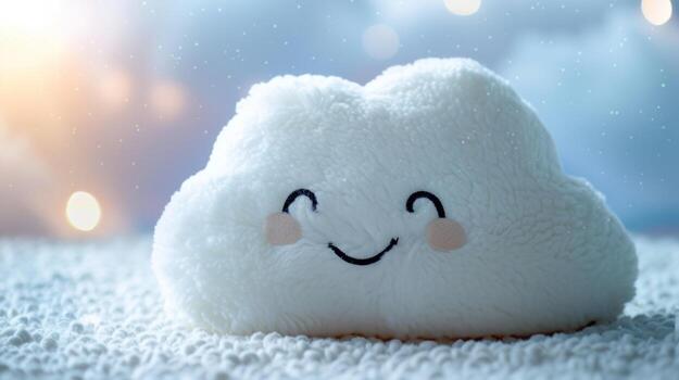 An image of a foot warmer in the shape of a fluffy cloud complete with a smiling face and fluffy white material adding a touch of whimsy to your cozy nights photo