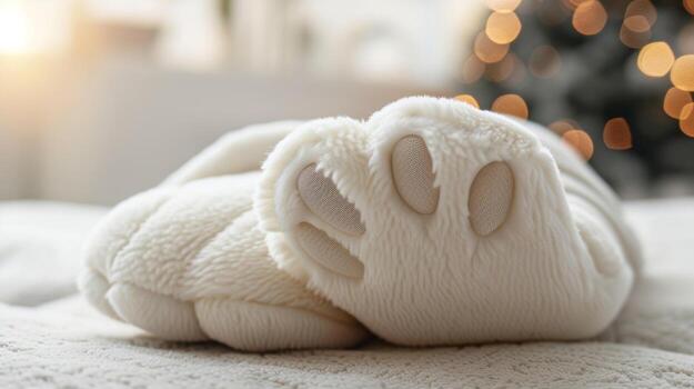 A side view of a foot warmer in the shape of a e animal paw adding a playful touch to your lounging attire photo
