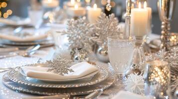 A white and silver themed table with shimmering snowflake place settings and sparkling candle centerpieces evoking a winter wonderland feel photo