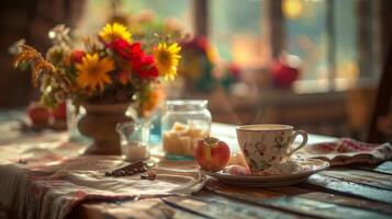 The scent of freshly brewed coffee and hot apple cider fills the air complementing the rich fragrant scents coming from the kitchen. Its a comforting reminder of the chill photo