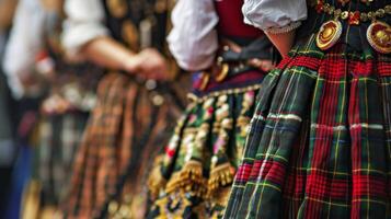 A closeup of a group of friends wearing lederhosen and dirndls the traditional clothing worn at Oktoberfest complete with elaborate designs and intricate embroidery photo