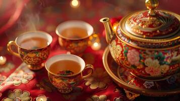 un maceta de tradicional chino té servido en florido tazas de té simboliza el respeto y unidad un familia y amigos durante el nuevo año reuniones foto