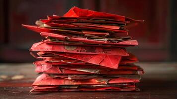 A stack of red envelopes or hong bao filled with money are traditionally given as gifts during the Lunar New Year to bring prosperity and blessings photo