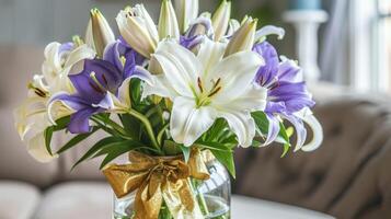A bouquet of fragrant white and purple lilies expertly arranged in a glass vase and adorned with a shiny gold bow a popular choice for Mothers Day gifting photo