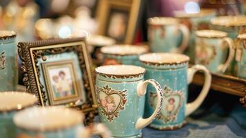 A table showcasing handpainted mugs and frames with heartfelt messages commemorating the bond between father and child photo