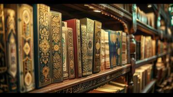 The sound of traditional music can be heard emanating from a bookstore where customers browse through beautifully illustrated Qurans and religious texts perfect for enhancin photo
