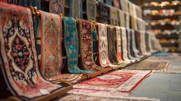 A the rows of beautiful prayer rugs a selection of handcrafted Quran stands catch the eye a thoughtful gift for those looking to enhance their recitation and study of th photo