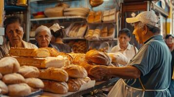 In a cozy bakery customers line up for freshly baked loaves of bread a staple food for breaking the fast along with an assortment of pastries and desserts perfect for satisfyin photo