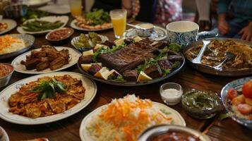The table is filled with various traditional foods from different regions representing the diversity within the Muslim community and their shared love for Eid alAdha photo