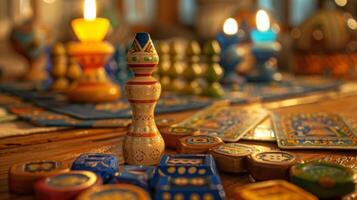 A section dedicated to traditional Hanukkah games including a wooden dreidel spinning top and a strategybased card game based on the holiday photo