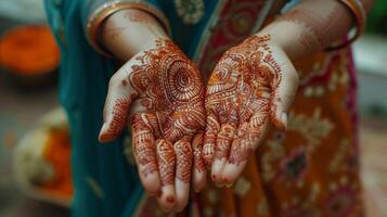 A womans hands applying intricate henna designs on her palms a popular tradition during Diwali photo